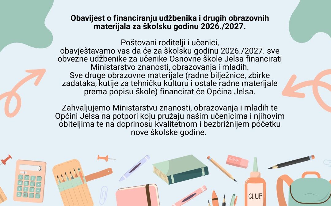 Obavijest o financiranju udžbenika i drugih obrazovnih materijala za školsku godinu 2026./2027.
